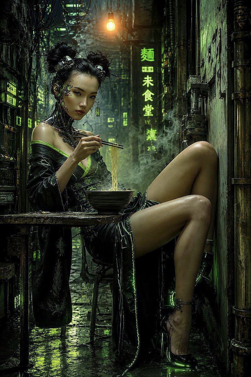 🔸提示词分享🔸 使用此提示词来创造一些有趣且独特的内容吧。去实验、享受这个过程，并把你的作品分享给我们！！ 欢迎所有人参与！！ 🙂 超写实电影级赛博朋克肖像，半机械女赛博格在狭窄…