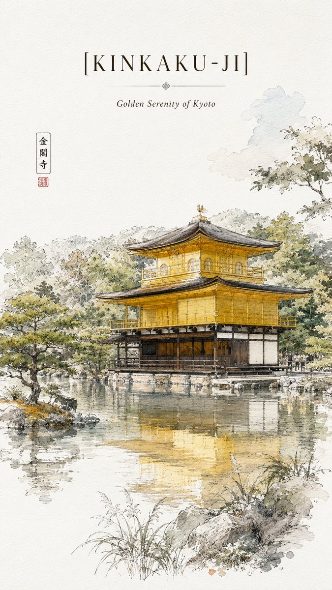极简主义超高分辨率金阁寺旅行素描海报,绘制于干净的白色速写本纸上,带有细微的纸张纹理质感。风格:精致的钢笔画 + 松散的水彩素描。细腻的黑色墨水线条,轻盈的水彩晕染,优雅的日式传…