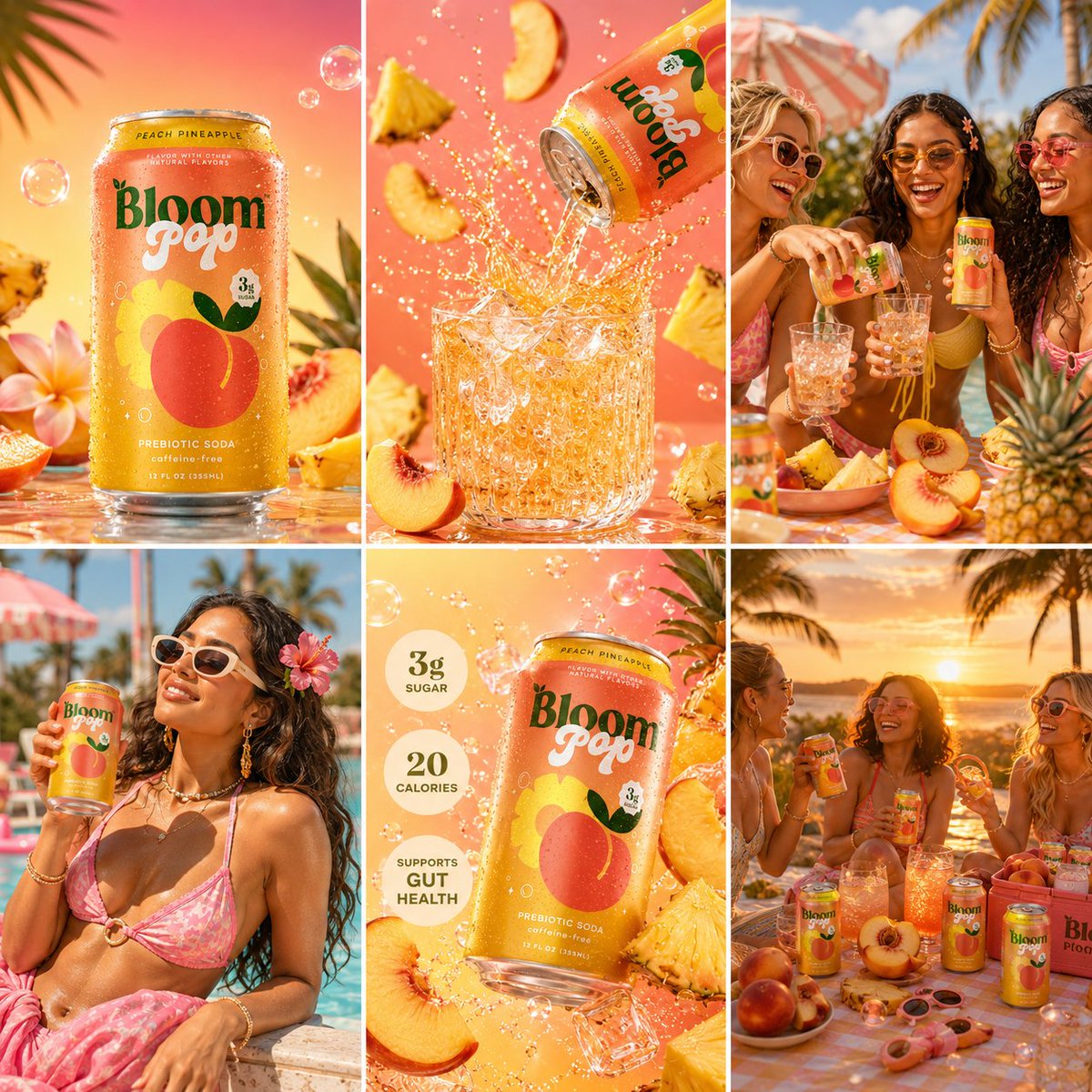 BLOOM POP™ 蜜桃菠萝 “热带主角气场” 超高级巨型主提示词 V2 原始 BLOOM 视觉 DNA + 多巴胺健康 + Z 世代夏日幻想体系 为 Bloom Pop™ 蜜…
