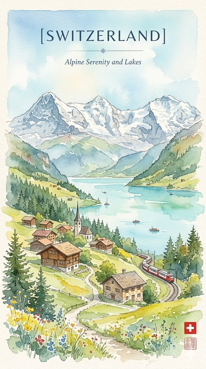 水彩旅行海报,将罕萨山谷的粗犷遗产与瑞士宁静的阿尔卑斯魅力和谐相融。插画以宏伟的雪山山脉作为背景,俯瞰一片景观:古老的石头堡垒与层层农业梯田延伸到一汪宁静的绿松石色湖泊,点点小舟…