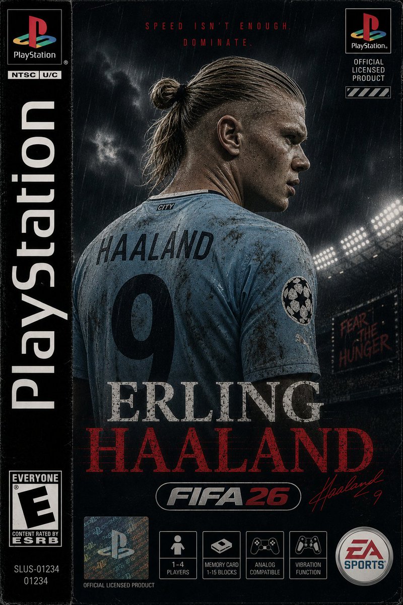 创作一张以厄林·哈兰德（Erling Haaland）为主角的竖版 PS1 游戏封面，灵感来自 FIFA26，设计融合 20 世纪 90 年代末正版 PlayStation 足球…