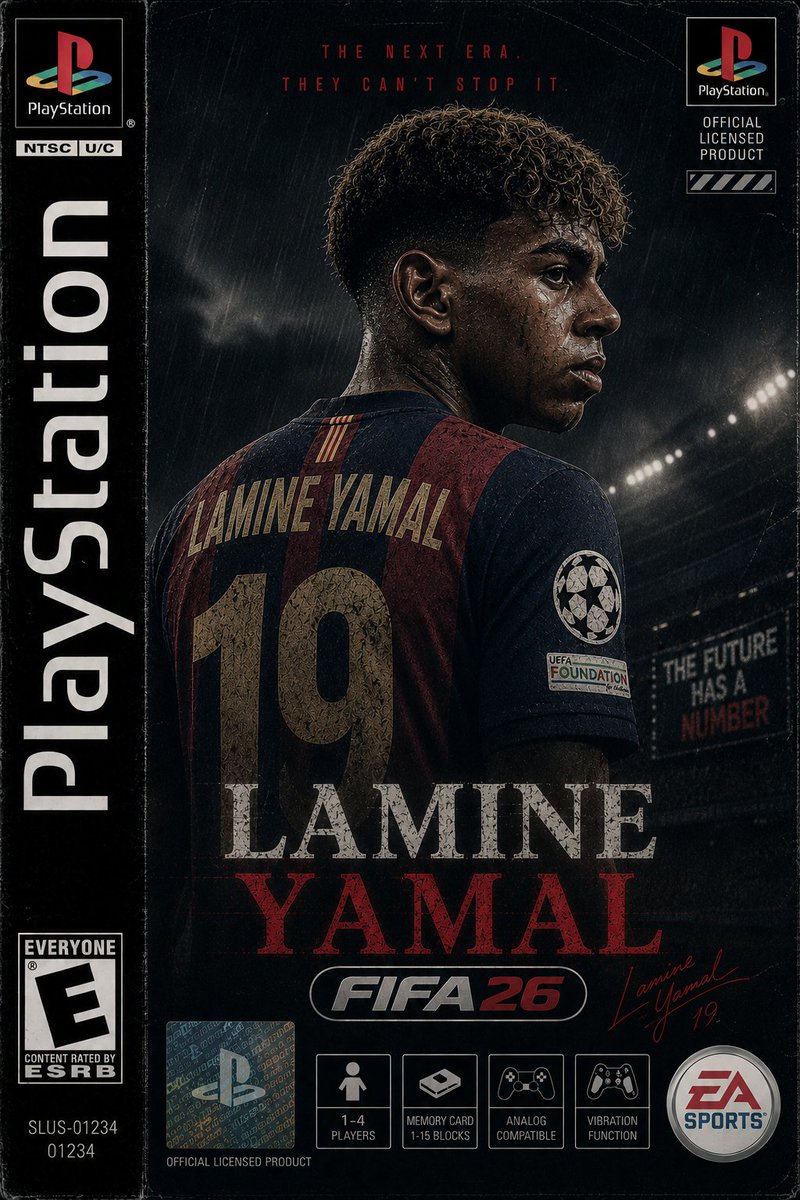 创作一张以厄林·哈兰德（Erling Haaland）为主角的竖版 PS1 游戏封面，灵感来自 FIFA26，设计融合 20 世纪 90 年代末正版 PlayStation 足球…