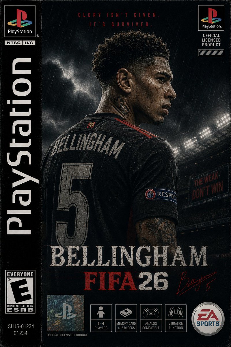 创作一张以厄林·哈兰德（Erling Haaland）为主角的竖版 PS1 游戏封面，灵感来自 FIFA26，设计融合 20 世纪 90 年代末正版 PlayStation 足球…