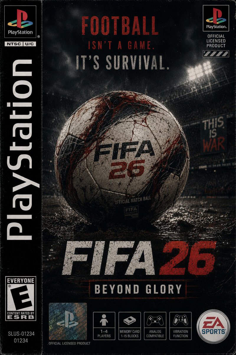 创作一张以厄林·哈兰德（Erling Haaland）为主角的竖版 PS1 游戏封面，灵感来自 FIFA26，设计融合 20 世纪 90 年代末正版 PlayStation 足球…