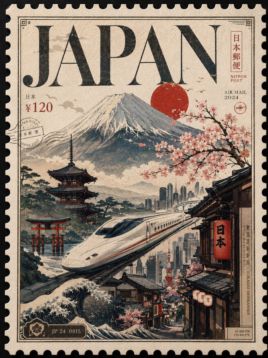 设计一张 3:4 比例的日本高级可收藏邮票海报，整体构图是一枚宏伟的奢侈邮票，像罕见的国家文物一样填满整个画面边缘。邮票应以放大的触感齿孔边缘、优雅的雕刻边框和沉浸式的物件聚焦构…