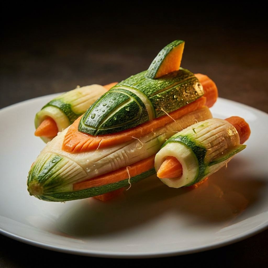 Toshi 的提示分享： 雕刻蔬菜 🥕🥦✨ [theme] 主题的超写实特写镜头：一个极其精致复杂的该主题蔬菜雕刻雕塑，由新鲜蔬菜匠心雕刻而成，刻痕极其精细微妙，拥有逼真的纹理、…
