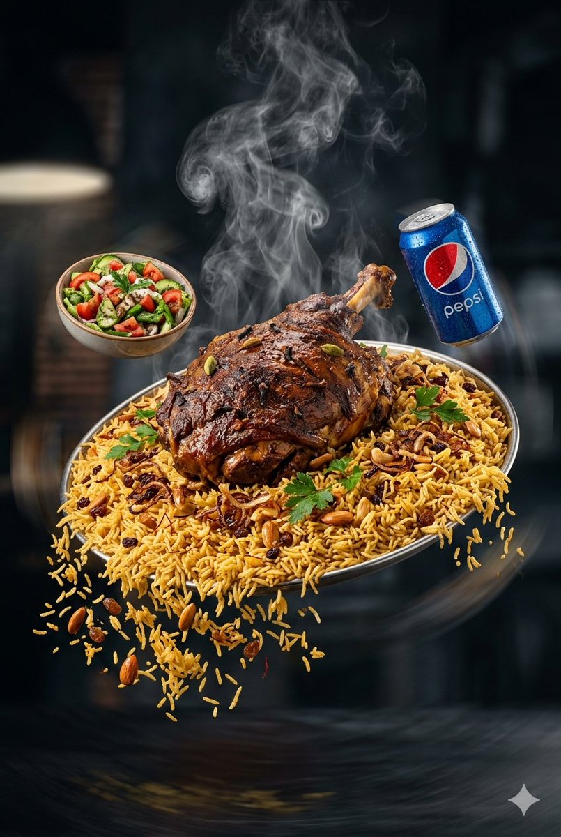 一块巨大的沙特羊肉卡布斯（Kabsa）悬浮在空中，米饭从两侧流下。沙拉和百事可乐围绕着羊肉卡布斯以戏剧性的慢动作旋转。热腾腾的肉饼上冒出浓烈的蒸汽。深色电影感背景，光泽的商业级打…