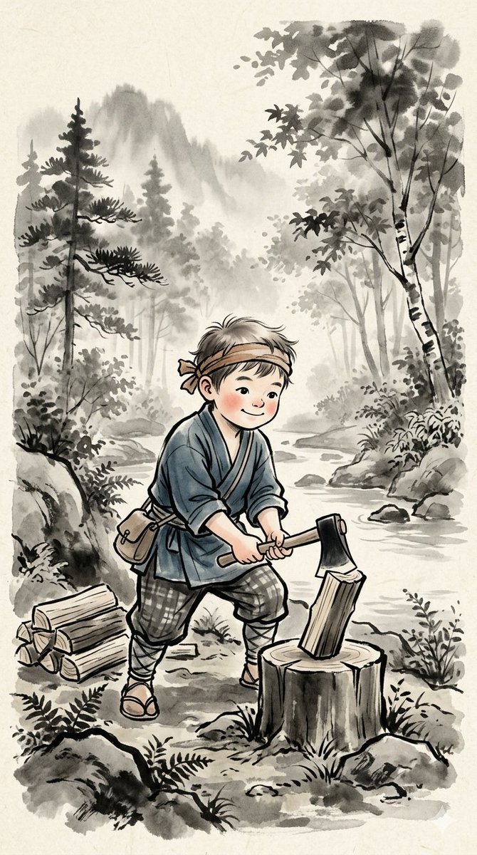 这些插图具有迷人的手绘美学风格，灵感源自日本传统水墨画和水彩画。场景描绘了一群活泼的儿童身着古朴的古装，在郁郁葱葱、雾气弥漫的森林中过着简单的生活。无论是一个…