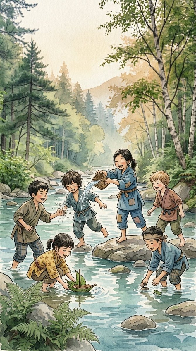 这些插图具有迷人的手绘美学风格,灵感源自日本传统水墨画和水彩画。场景描绘了一群活泼的儿童身着古朴的古装,在郁郁葱葱、雾气弥漫的森林中过着简单的生活。无论是一个小男孩用小斧子勤奋砍…