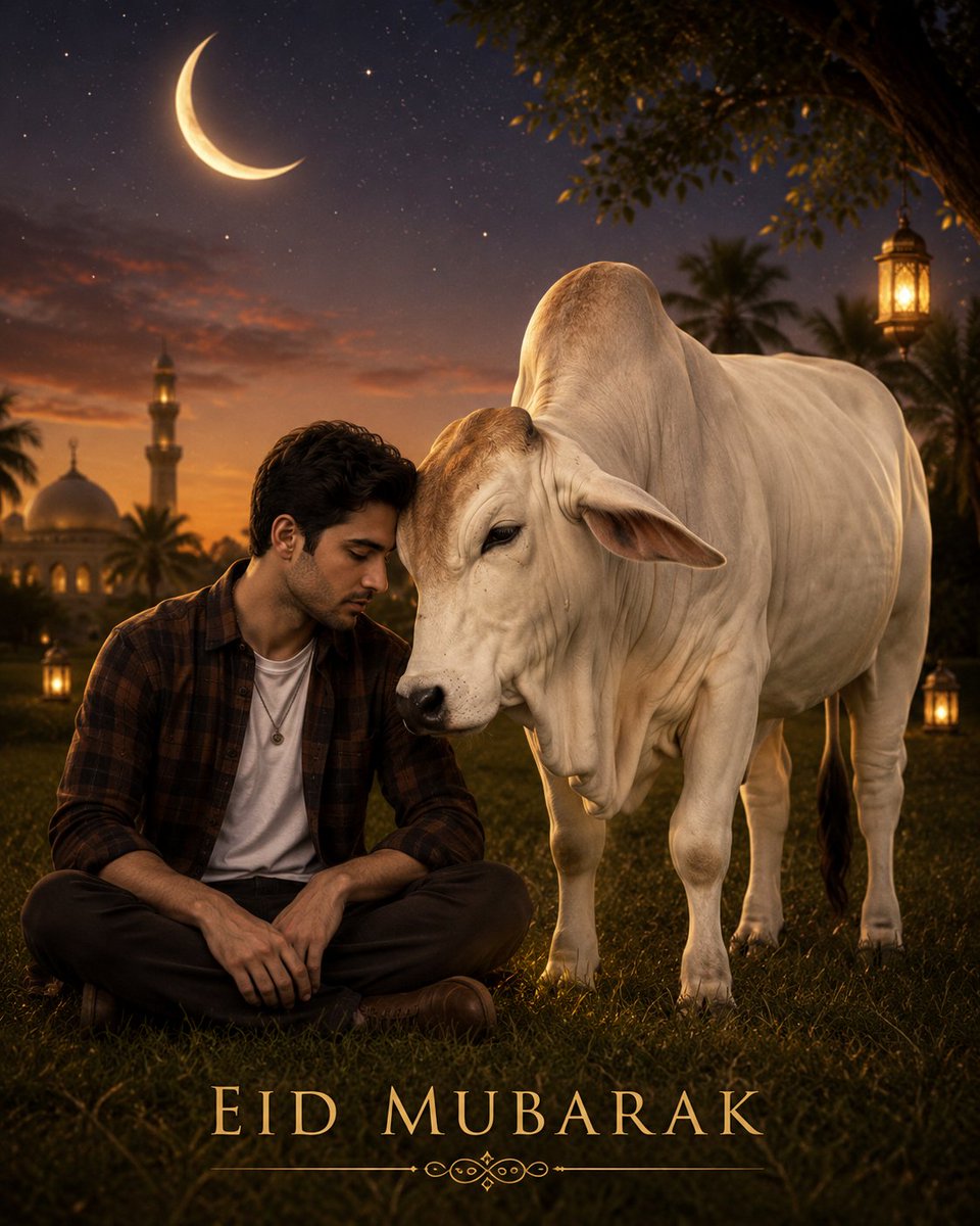 使用以下要求创建一张超逼真的电影感开斋节祝福(Eid Mubarak)艺术作品: 以图片 1 中的动物作为动物部分的精确参考 以图片 2 中的人物作为角色部分的精确参考 场景:角…
