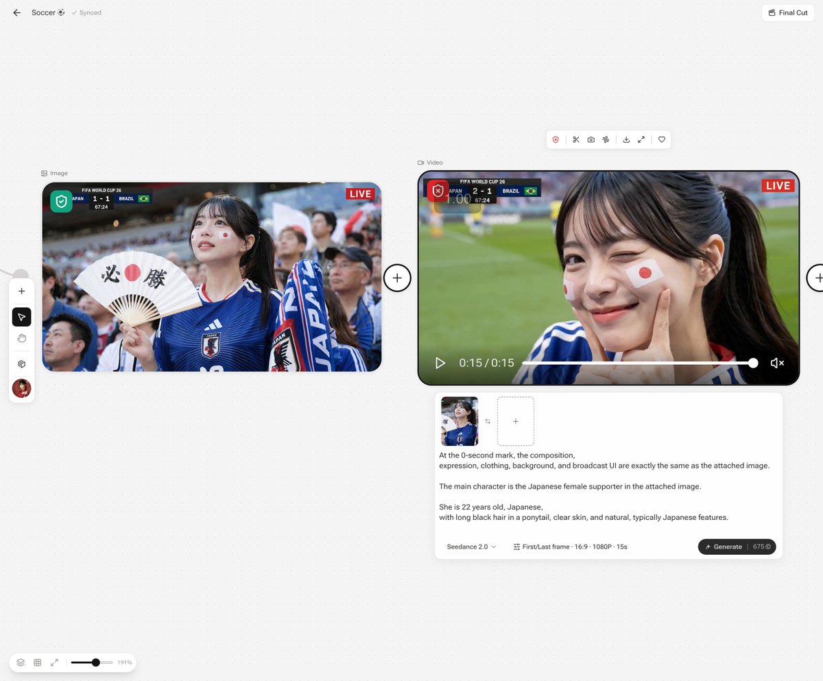 在0秒时点，构图、表情、服装、背景、播放UI与附带图像完全相同。主人公就是附带图像中的日本美女球迷本人。22岁，日本女性，黑色长发马尾辫，有透明感的肌肤，自然…