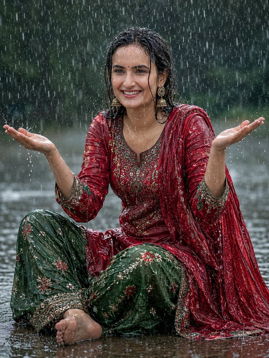 超逼真南亚女性坐在大雨中，笑容愉悦，黑发湿透，脸上和衣服上落满雨滴，身着优雅的红色刺绣克什米尔库尔塔，搭配绿色印花长裤，是巴基斯坦/印度传统服饰，电影感雨天氛…