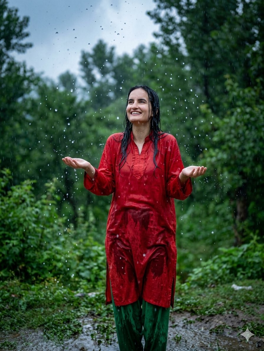 超逼真南亚女性坐在大雨中,笑容愉悦,黑发湿透,脸上和衣服上落满雨滴,身着优雅的红色刺绣克什米尔库尔塔,搭配绿色印花长裤,是巴基斯坦/印度传统服饰,电影感雨天氛围,湿润地面反光,柔…