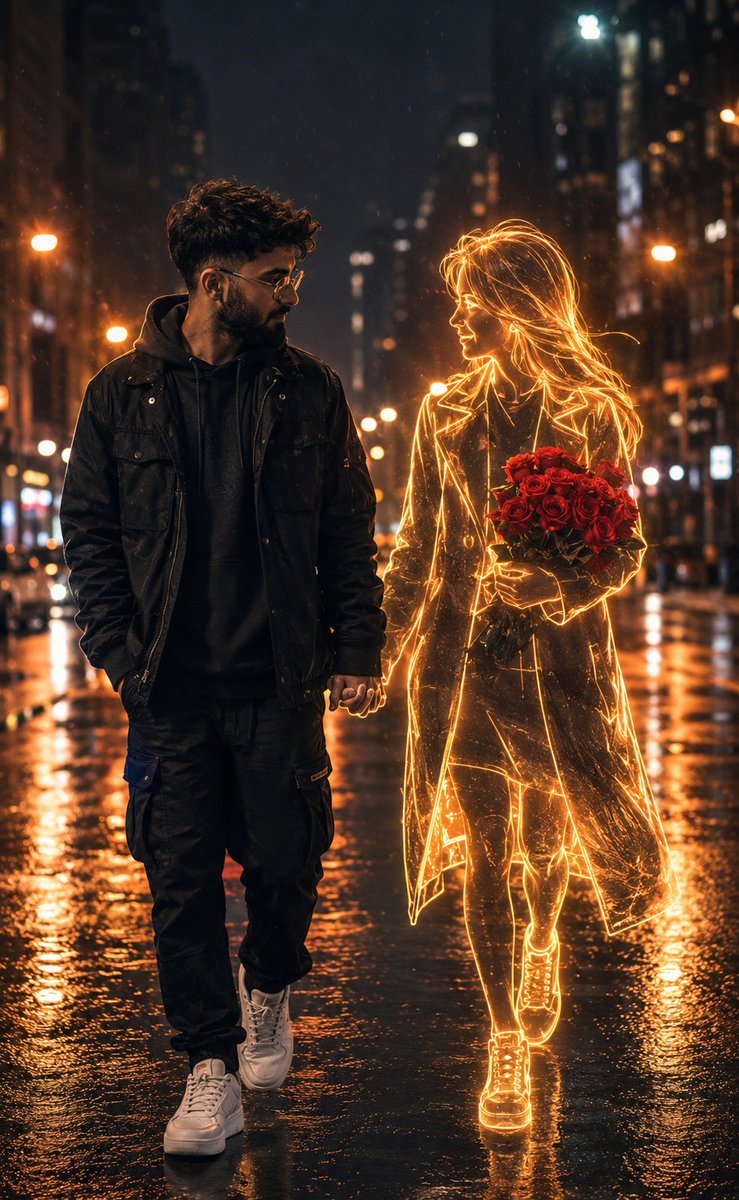 使用 GPT Image 2.0 创建 提示词 👇🏿 prompt": "一个电影感奇幻现实主义的夜景场景：年轻男子（与上传的图片中的人物相同）在雨后的湿漉漉…
