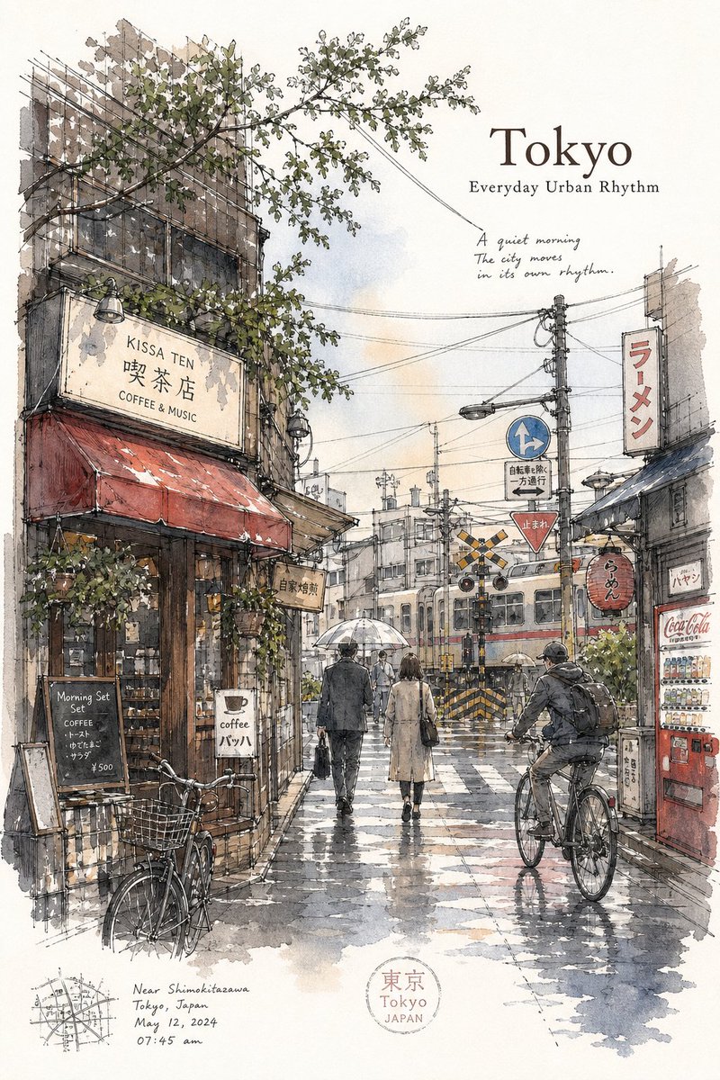 东京极简城市旅行速写海报,由一位经验丰富的城市速写画家在清晨宁静的旅行时刻,像实地写生一样绘制。 在下笔之前,请仔细分析并表达东京真实的视觉身份与情感节奏: 其层层叠叠的建筑密度…