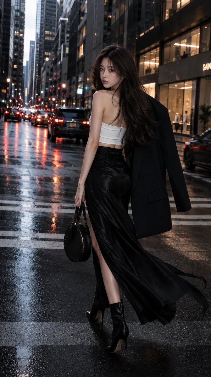 超写实电影级高端时尚编辑风格人像肖像：一位极其美丽的高挑女性在黄金时刻自信地伫立于一条豪华现代的都市街道中央，灵感来自《Vogue》T台大片与当代街头高定美学。她身着精致的黑白单…
