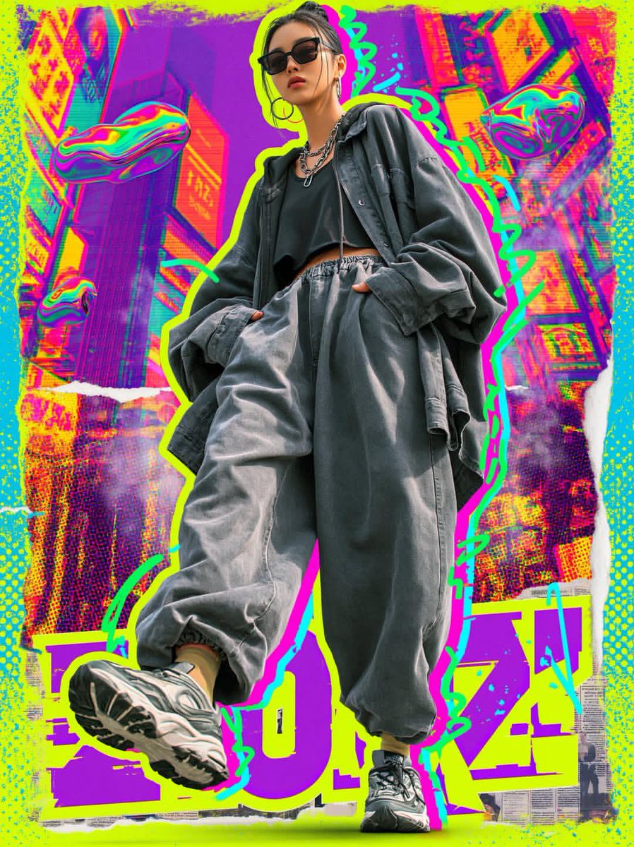 超风格化赛博朋克街头服饰时尚海报,全身年轻女性自信地朝镜头走来,超大炭灰色夹克与超宽松慢跑裤,黑色短款上衣,厚底未来感运动鞋,深色墨镜,银色链条配饰,低角度透…