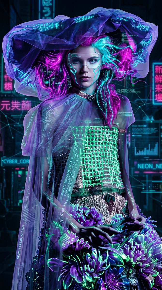 一幅高级时装风格的赛博朋克肖像,画面中是一位女性,身着由发光霓虹质感与半透明紫色薄纱构成的前卫服装。她的眼睛上方佩戴着数字HUD面罩,头发被电流感染成鲜艳的洋红与青色。整体构图将…