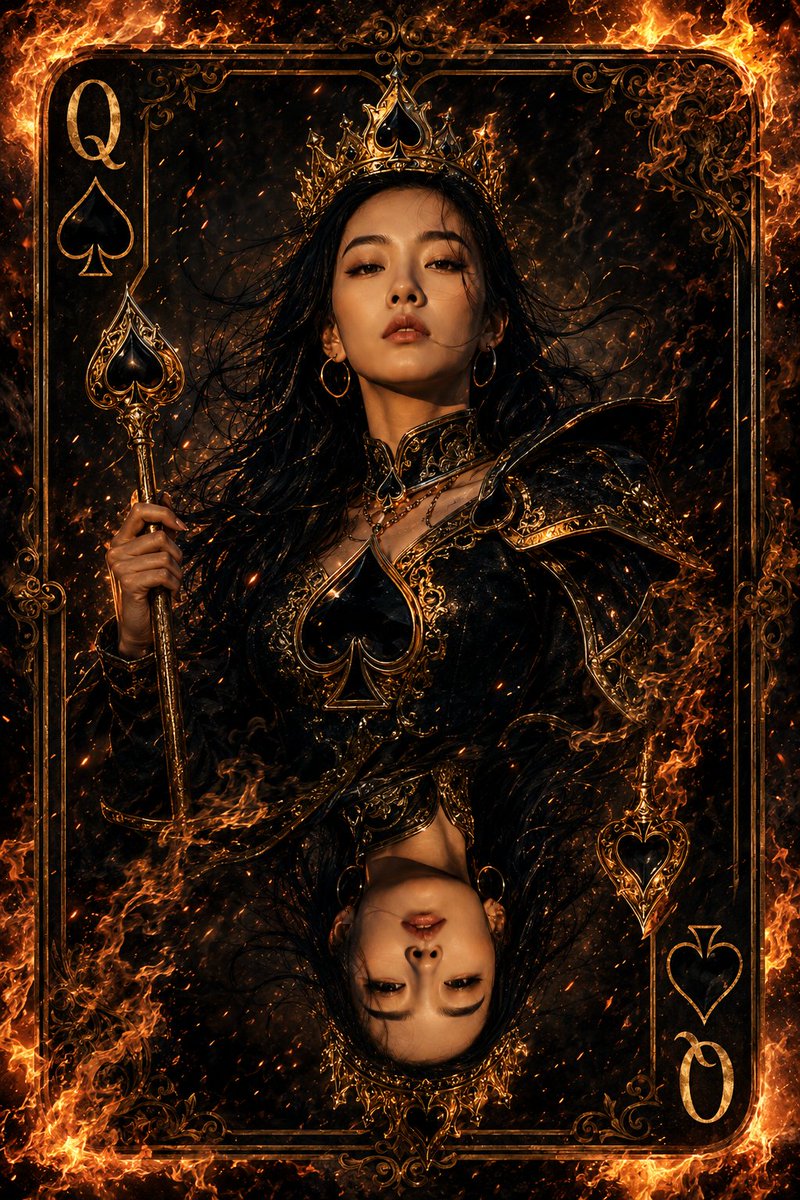 超精细的奇幻扑克牌插画，黑桃皇后，画面中心为一张皇家扑克牌框内、严格参照参考图中同一位年轻女性的面孔。她身穿带有黑桃符号的奢华黑金皇后服饰，头戴镶嵌黑色黑桃宝石的华丽金色王冠，周…