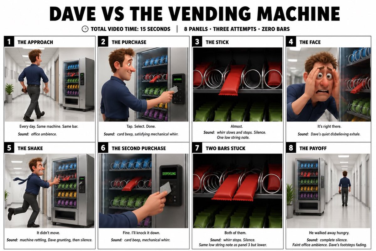 “为 DAVE VS THE VENDING MACHINE（戴夫 VS 自动售货机）创作一幅简洁清爽的信息图故事板海报。16:9 宽屏布局，白色背景，黑色边…