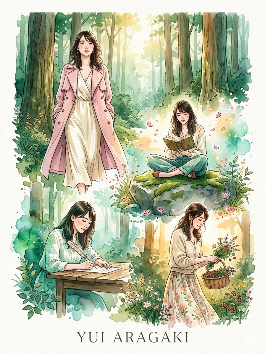 一组奇思妙想的高端时尚水彩肖像画，灵感源自 的优雅气质，描绘一位美丽、迷人、聪慧且优雅的日本女子，在郁郁葱葱的魔法林地场景中。 风格：鲜艳的水彩插画，流动的晕染颜料、细腻柔和的墨…
