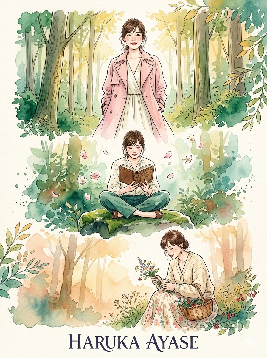 一组奇思妙想的高端时尚水彩肖像画，灵感源自 的优雅气质，描绘一位美丽、迷人、聪慧且优雅的日本女子，在郁郁葱葱的魔法林地场景中。 风格：鲜艳的水彩插画，流动的晕染颜料、细腻柔和的墨…