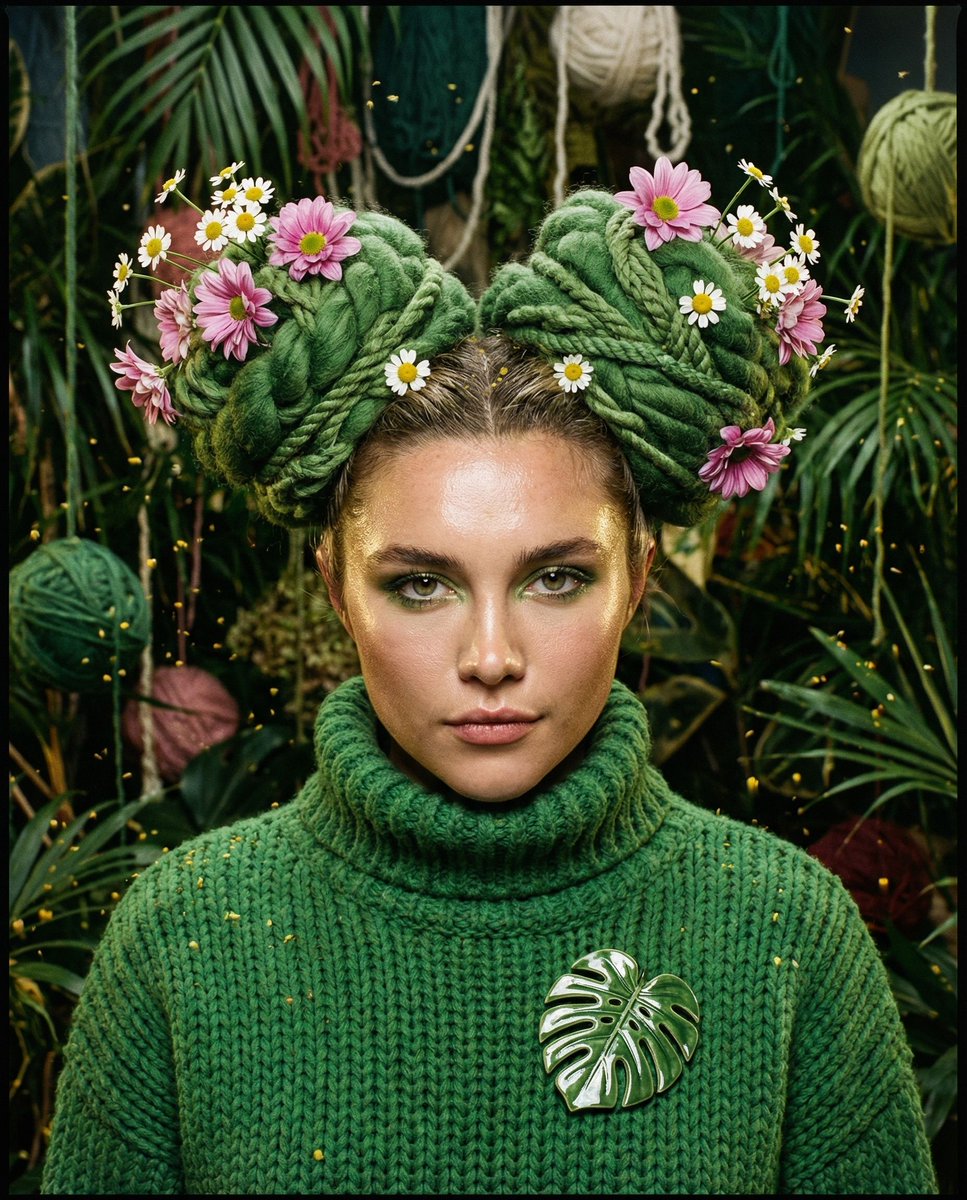 { "氛围标题": "植物错觉", "主提示词": "主角的前卫编辑紧中幅肖像，从胸部向上构图，手不在画面中。主体穿着超纹理 oversized 粗感绿色重磅针织高领毛衣，领口装…