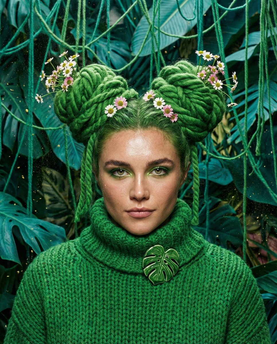 { "氛围标题": "植物错觉", "主提示词": "主角的前卫编辑紧中幅肖像，从胸部向上构图，手不在画面中。主体穿着超纹理 oversized 粗感绿色重磅针织高领毛衣，领口装…