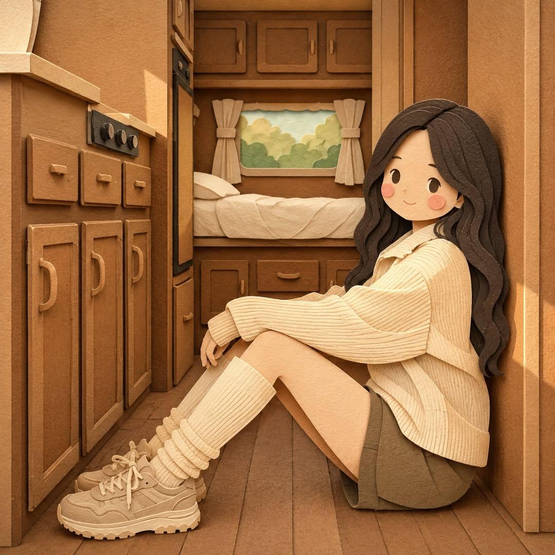 将这张图片转化为柔和的、手工制作的层叠剪纸插画,灵感来自纸质工艺立体场景模型。使用平滑、圆润的造型,角色比例可爱而简化,五官细节极简(圆点眼睛、玫瑰色脸颊),营造出温馨、舒适且迷…