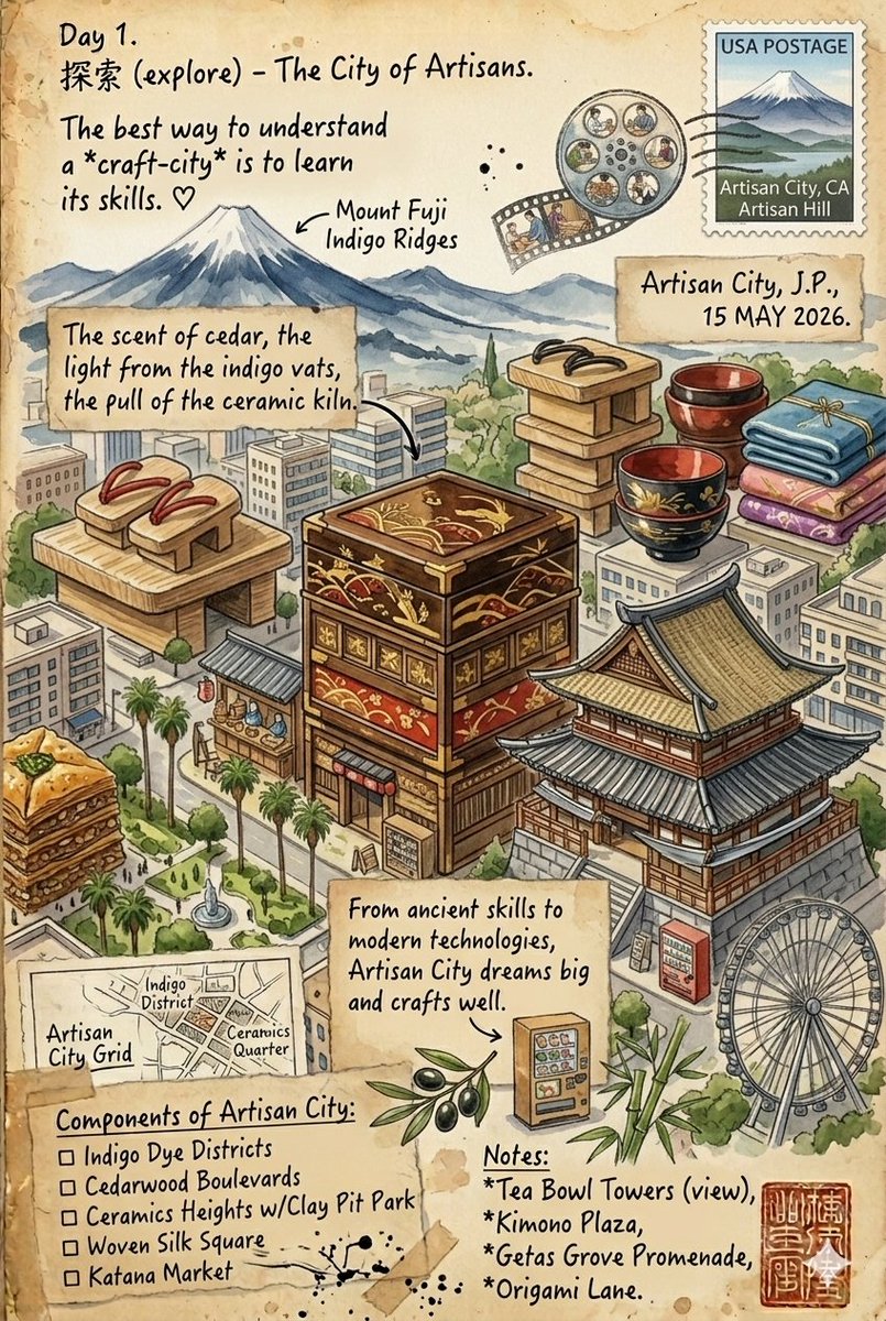 复古旅行日记水彩插画，两座城市呈现于泛黄纸张之上，搭配邮票、手写笔记与地图。第一幅：洛杉矶街景，可见棕榈树、市政大厅（City Hall）、威尔顿剧院（Wiltern Theat…