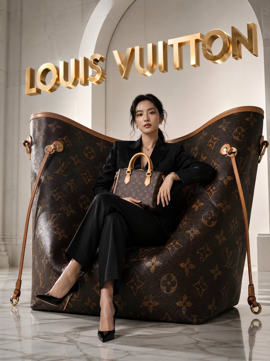 一张令人惊叹的前卫奢侈时尚大片摄影作品，为 Louis Vuitton（路易威登）打造，场景设在一个极简主义、高天花板的粉白色摄影棚中，地面为无缝反光大理石…