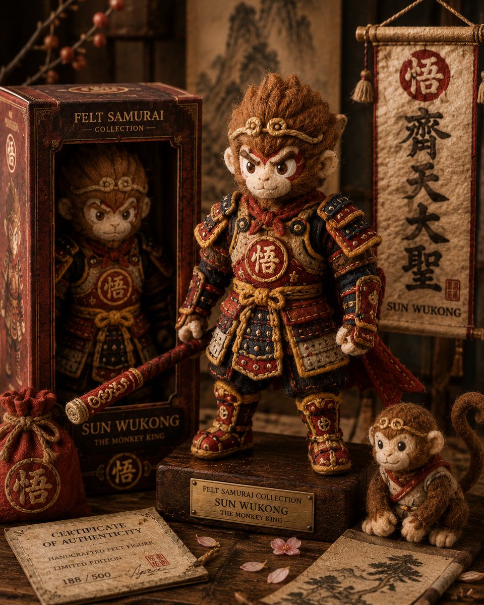 GPT Image 2.0 → 毛毡武士系列 提示词 创建一个高度细致的毛毡武士系列图像,将任何虚构宇宙中的标志性角色重新构想为手工制作的工匠级毛毡武士玩偶与收藏级纺织雕塑。 将…