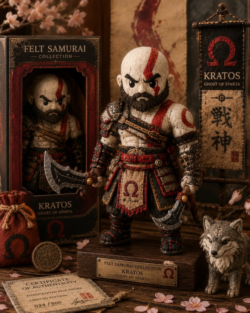 GPT Image 2.0 → 毛毡武士系列 提示词 创建一个高度细致的毛毡武士系列图像,将任何虚构宇宙中的标志性角色重新构想为手工制作的工匠级毛毡武士玩偶与收藏级纺织雕塑。 将…