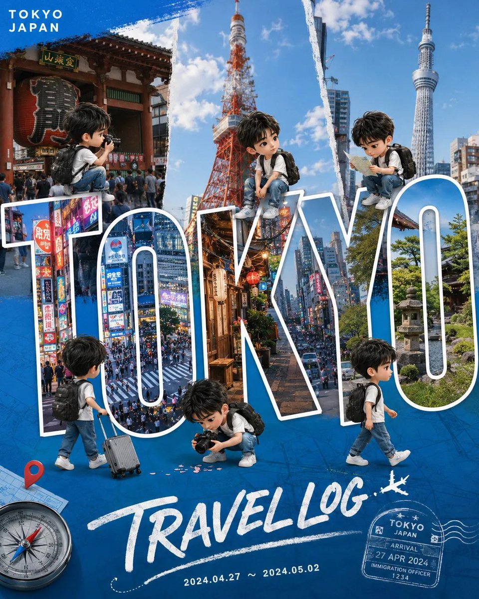 可爱Q版旅行Vlog海报设计，描绘可爱的迷你旅行者探索一座世界著名城市，巨型粗体3D城市名称字体内部填充地标摄影和城市景观，卡哇伊风格的角色坐在字母上和绕着字母行走，电影感旅行拼…