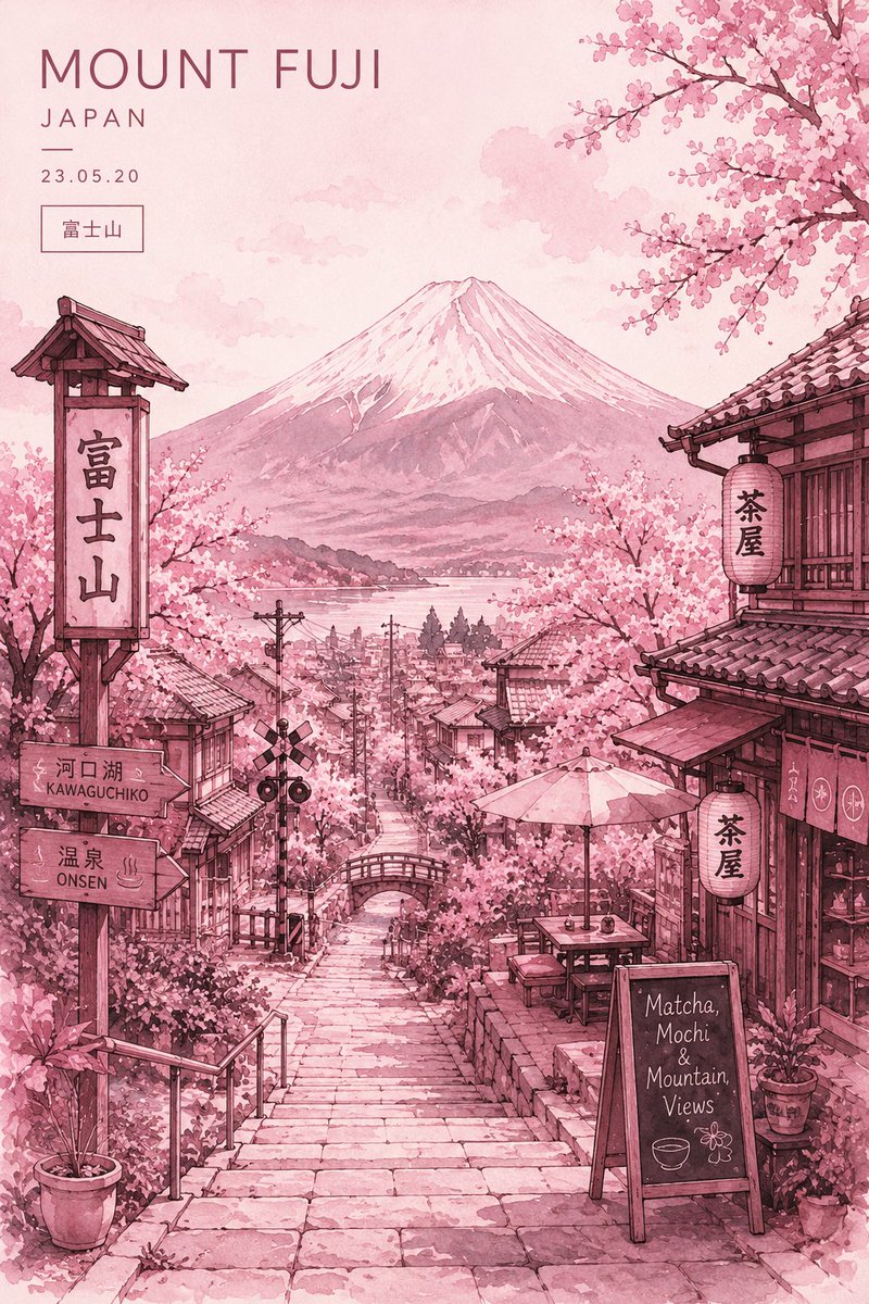 日本富士山春季的极简超详细旅游海报插画，从迷人的传统日本山坡街道向下俯瞰下方城市的视角。巨大的积雪覆盖富士山居中位于背景，在柔和的 pastel 天空之下。整个作品使用单色腮红粉…