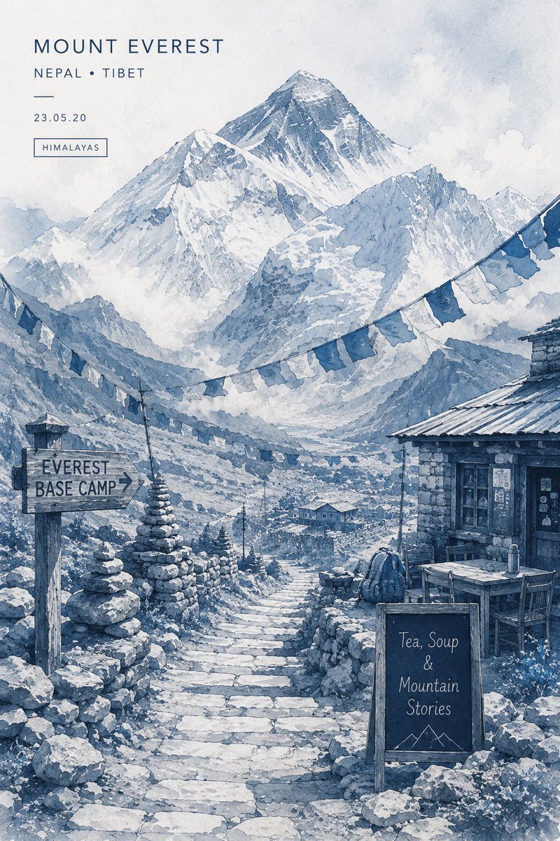 日本富士山春季的极简超详细旅游海报插画，从迷人的传统日本山坡街道向下俯瞰下方城市的视角。巨大的积雪覆盖富士山居中位于背景，在柔和的 pastel 天空之下。整个作品使用单色腮红粉…