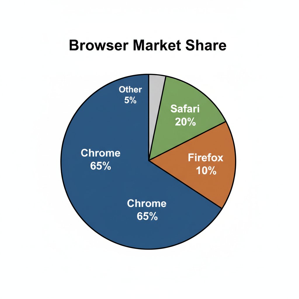 "显示浏览器市场份额的饼图:Chrome 65%,Safari 20%,Firefox 10%,其他 5%。每个扇区应大小适当,并标注浏览器名称和百分比。")…