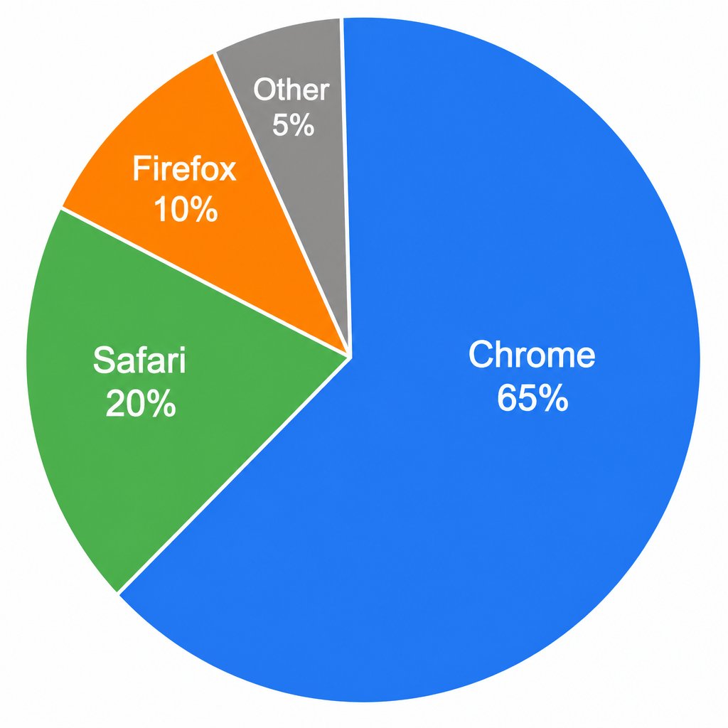 "显示浏览器市场份额的饼图:Chrome 65%,Safari 20%,Firefox 10%,其他 5%。每个扇区应大小适当,并标注浏览器名称和百分比。"). https://…