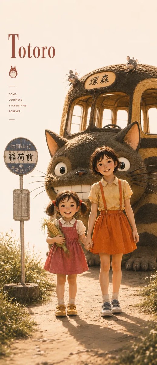 超精细电影感动漫肖像，描绘《龙猫》中的小月，柔和的黄金时刻阳光，温暖的粉彩色调，吉卜力工作室启发的美学，写实动漫面部，短而凌乱的深棕色头发，富于表现力的眼睛，复古米色背景，坐在长…