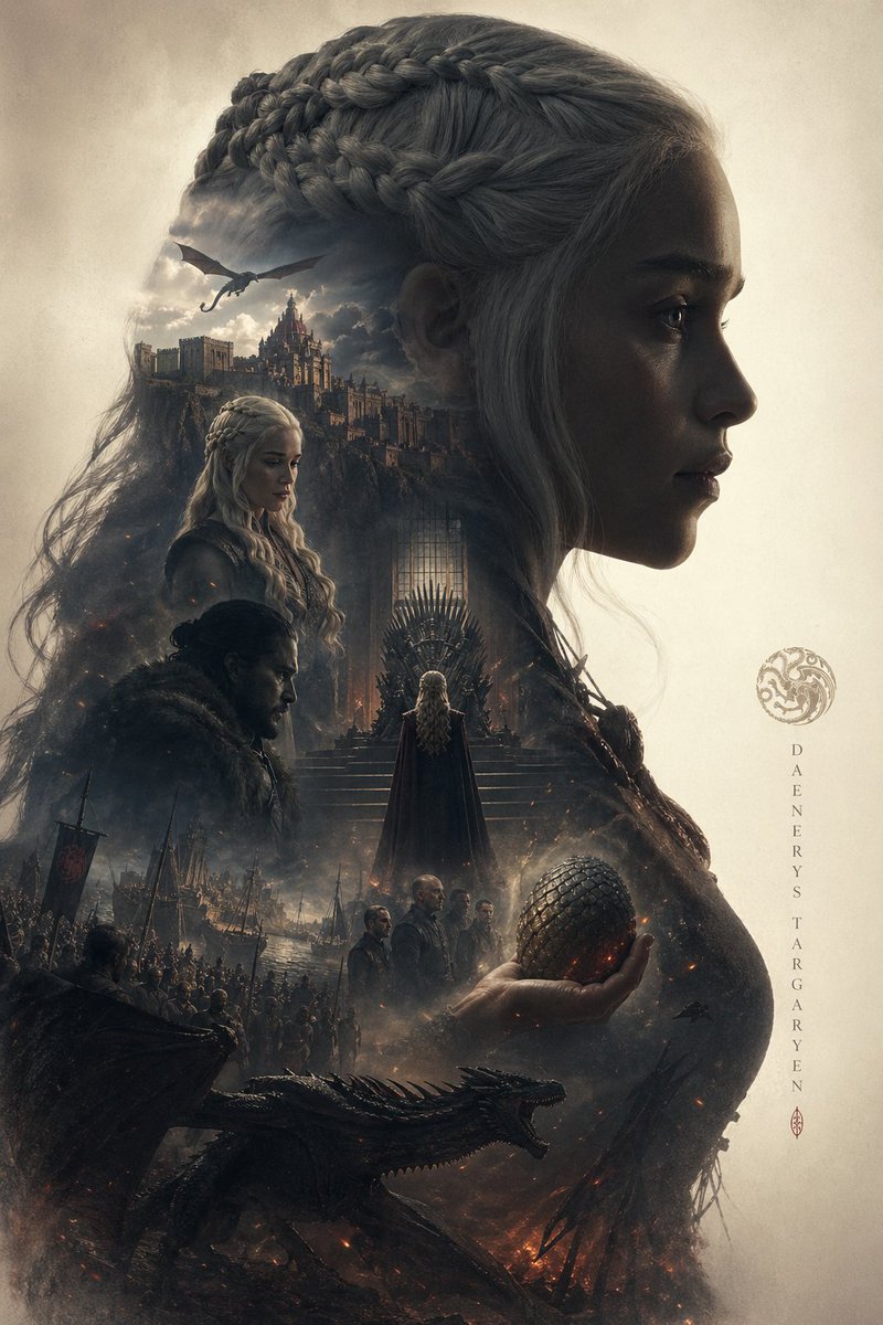 根据{Daenerys Targaryen}自动生成一张档案级史诗叙事海报：以{Daenerys Targaryen}角色的一个巨大而优雅的侧面剪影作为外轮廓…