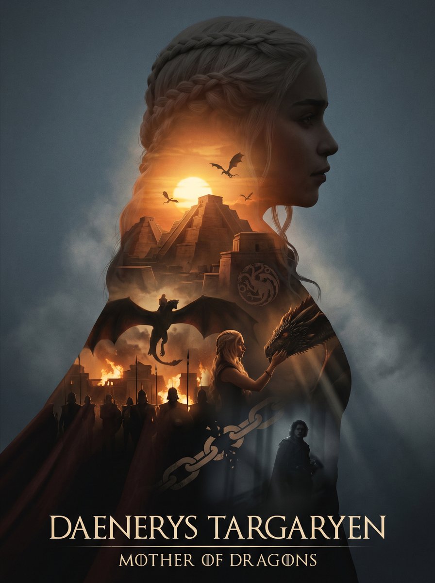 根据{Daenerys Targaryen}自动生成一张档案级史诗叙事海报：以{Daenerys Targaryen}角色的一个巨大而优雅的侧面剪影作为外轮廓,剪影内部自动生长出…