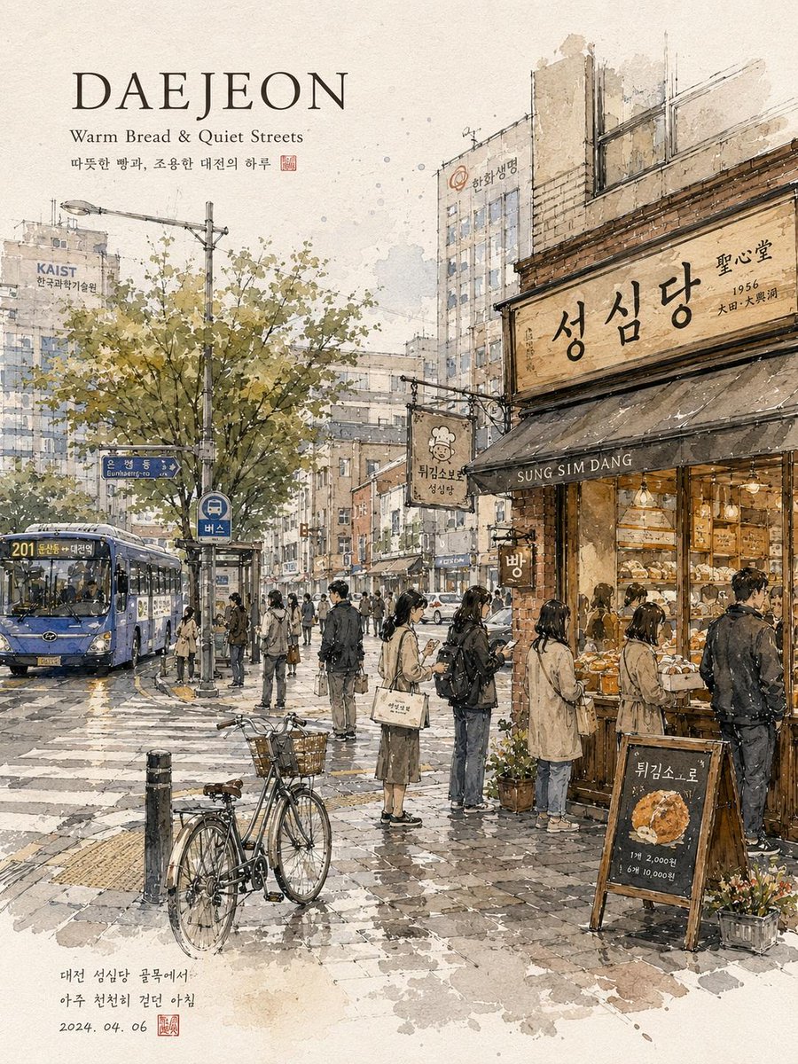 梦幻水彩旅行插画,描绘一条宁静的韩国城市街道,手绘城市速写本风格,细腻的钢笔线条与柔和的水彩晕染相结合,温馨的咖啡馆店面,温暖的面包店灯光透过窗户散发出来,小雨后安静的清晨氛围…
