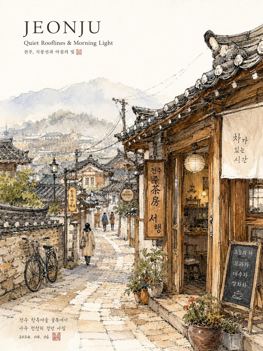 梦幻水彩旅行插画,描绘一条宁静的韩国城市街道,手绘城市速写本风格,细腻的钢笔线条与柔和的水彩晕染相结合,温馨的咖啡馆店面,温暖的面包店灯光透过窗户散发出来,小雨后安静的清晨氛围…