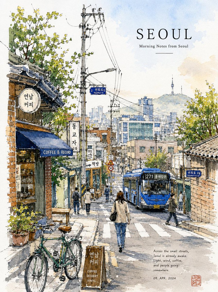 梦幻水彩旅行插画,描绘一条宁静的韩国城市街道,手绘城市速写本风格,细腻的钢笔线条与柔和的水彩晕染相结合,温馨的咖啡馆店面,温暖的面包店灯光透过窗户散发出来,小雨后安静的清晨氛围…