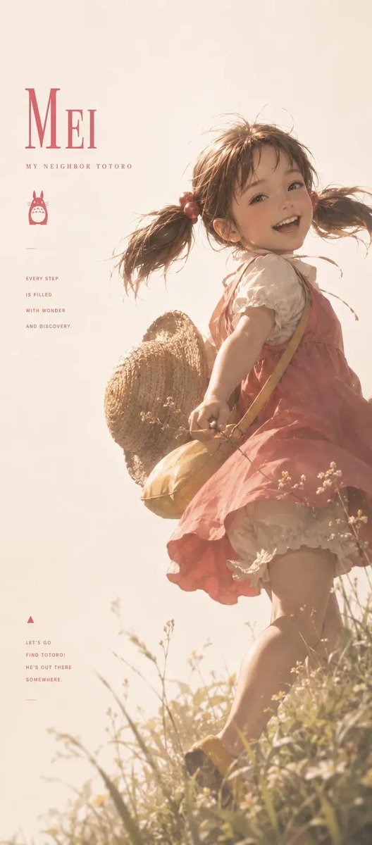 * "吉卜力工作室风格的写实海报，金色时刻的乡村公交站旁，龙猫与猫巴士登场。前景中两位年轻的姐妹手牵手：年幼的女孩身穿粉色背带裙，手持玉米；年长的女孩穿着米色…