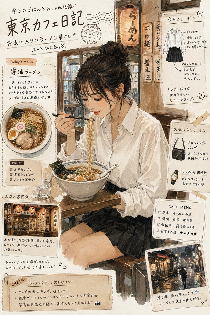 日本杂志插画提示词 日本生活方式杂志日记式插画,扎着凌乱发髻的可爱日本女孩,身穿宽松的白色纽扣衬衫和黑色百褶裙,坐在东京一家温馨的拉面咖啡馆里,用筷子享用热气腾腾的面条,质感水彩…