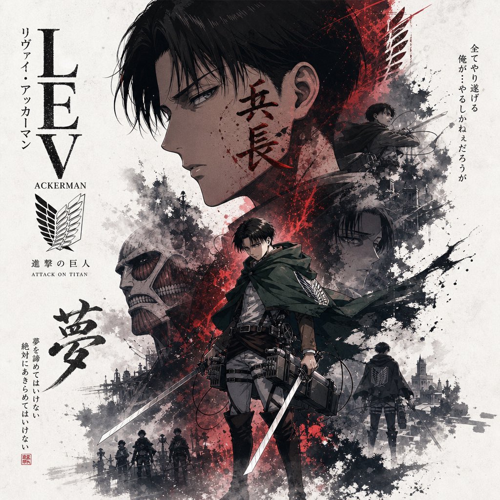 { "type": "image_prompt", "title": "进击的巨人", "subject": { "character": " 利威尔·阿克曼 ", "sourc…