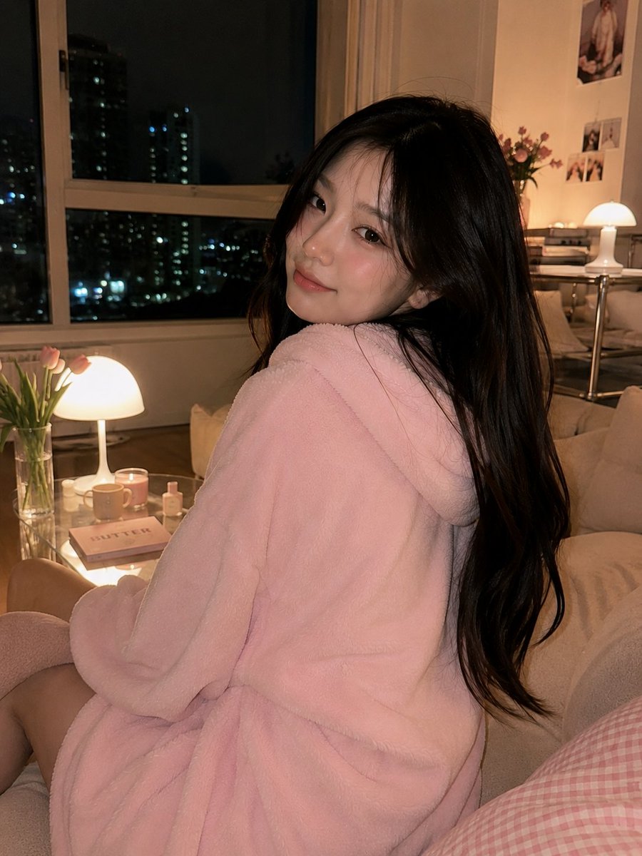 GPT Image 2 on ChatGPT 提示词； 超写实风格的舒适客厅肖像，夜晚时分，一位美丽的韩国女性侧身坐在柔软的米色沙发上，温柔地回头看向镜头，露…