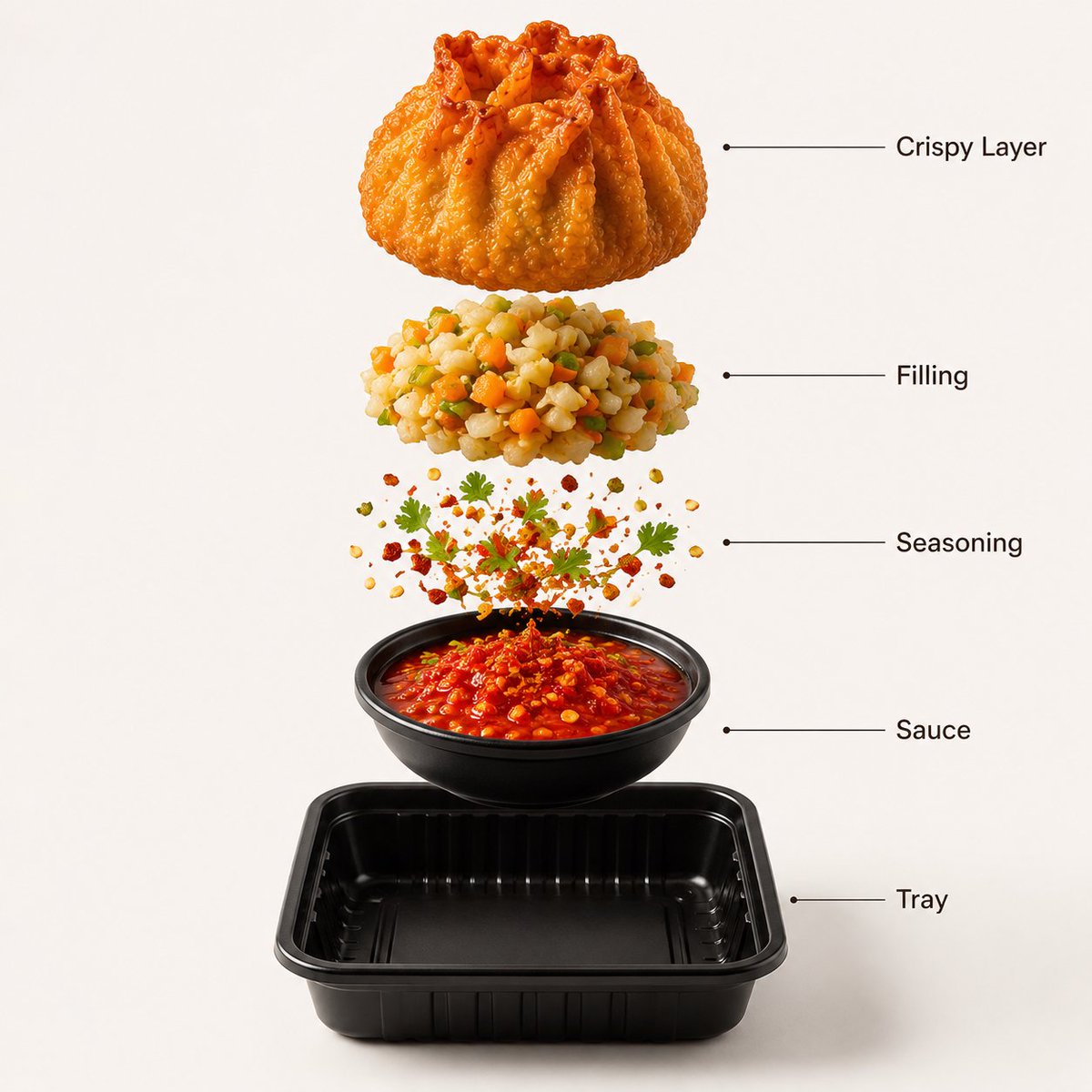 - 一张高端街头美食产品摄影：金黄酥脆的炸馒头（momos）摆放在黑色托盘中，置于温暖的白色无缝影棚背景中央。炸馒头呈深金色酥脆质地，带有逼真的油亮光泽和酥脆褶皱。新鲜的绿色香草…