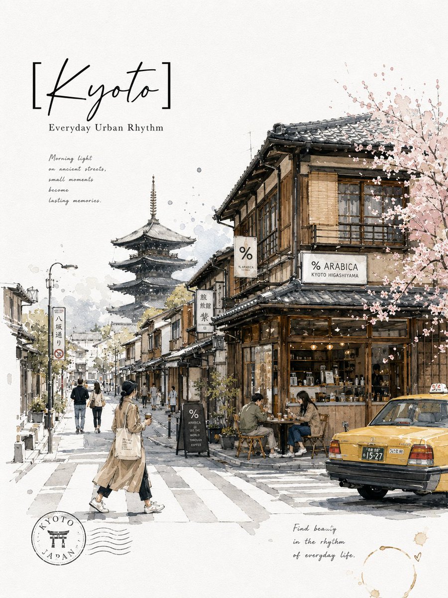 京都城市极简主义超高清旅行写生海报，置于干净的白色素描本纸张上，带有细腻的纸张纹理。风格：精致钢笔线描 + 随性水彩写生。细腻的黑色墨线勾勒，透气的水彩晕染，优雅的城市细节。呈现…